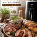 Fleisch in der Heißluftfritteuse - saftiges Steak, knuspriges Hähnchen und Schweinefilet auf einem Holzbrett mit Rosmarin und Knoblauch