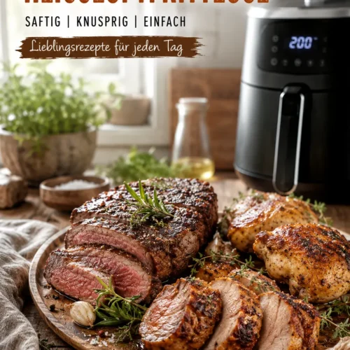 Fleisch in der Heißluftfritteuse - saftiges Steak, knuspriges Hähnchen und Schweinefilet auf einem Holzbrett mit Rosmarin und Knoblauch
