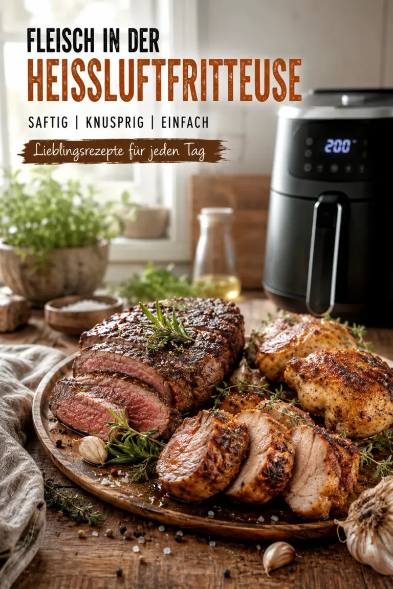 Fleisch in der Heißluftfritteuse - saftiges Steak, knuspriges Hähnchen und Schweinefilet auf einem Holzbrett mit Rosmarin und Knoblauch