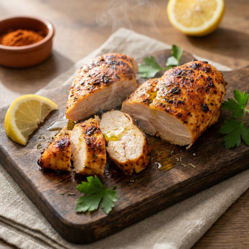 7 geniale Hähnchen Rezepte, die garantiert gelingen 1 Knuspriges Hähnchen aus dem Airfryer mit Paprika-Kruste, angerichtet auf einem Holzbrett mit Zitrone und Petersilie