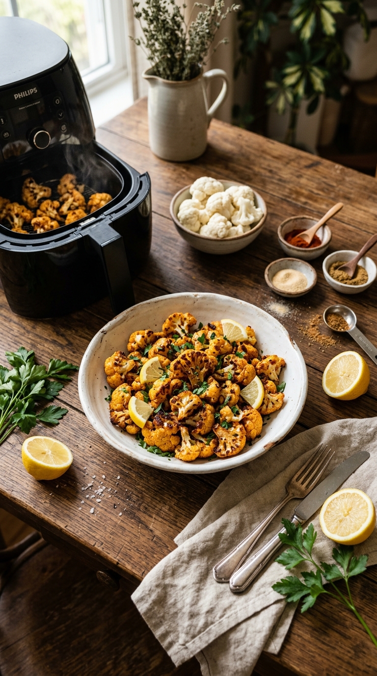 Blumenkohl Rezept aus dem Airfryer: Das beste knusprige Rezept, das du je gemacht hast 5 Blumenkohl Rezept aus dem Airfryer: knusprig geröstete Röschen mit Gewürzen, Zitrone und Heißluftfritteuse im Hintergrund