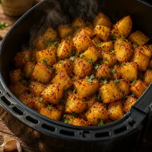 Bratkartoffeln Rezept Airfryer: Das komplette Guide mit 7 Profi-Tipps für knusprige Kartoffeln 1 Goldbraune, knusprige Bratkartoffeln im Airfryer-Korb mit frischer Petersilie garniert