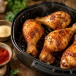 Knusprige Hähnchenschenkel aus der Heißluftfritteuse auf Holzbrett mit Paprika und Knoblauchpulver