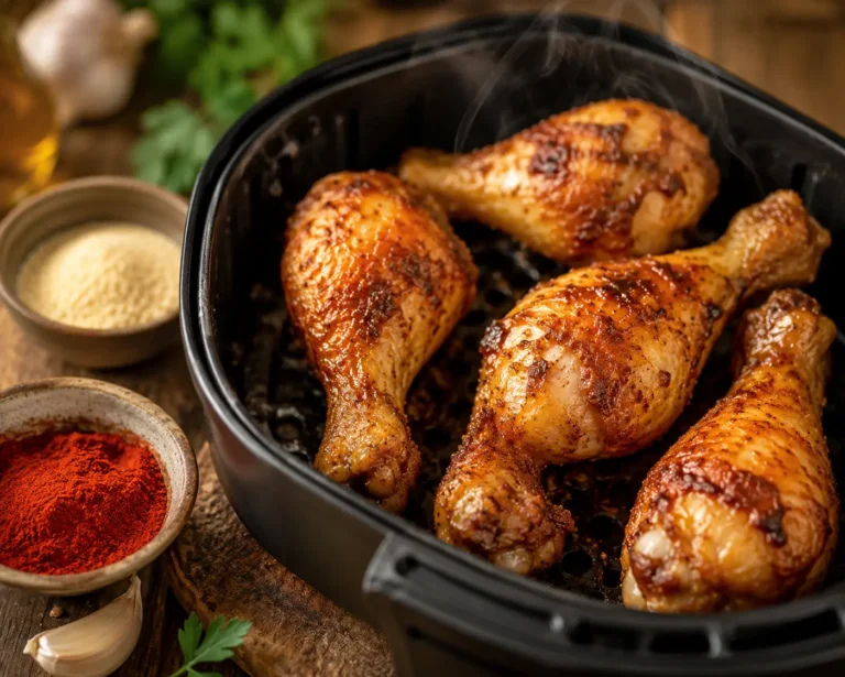 Heißluftfritteuse Rezepte: Knusprige Hähnchenschenkel einfach & schnell 5 Knusprige Hähnchenschenkel aus der Heißluftfritteuse auf Holzbrett mit Paprika und Knoblauchpulver