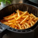 Knusprige goldene Pommes aus der Heißluftfritteuse im schwarzen Frittierkorb