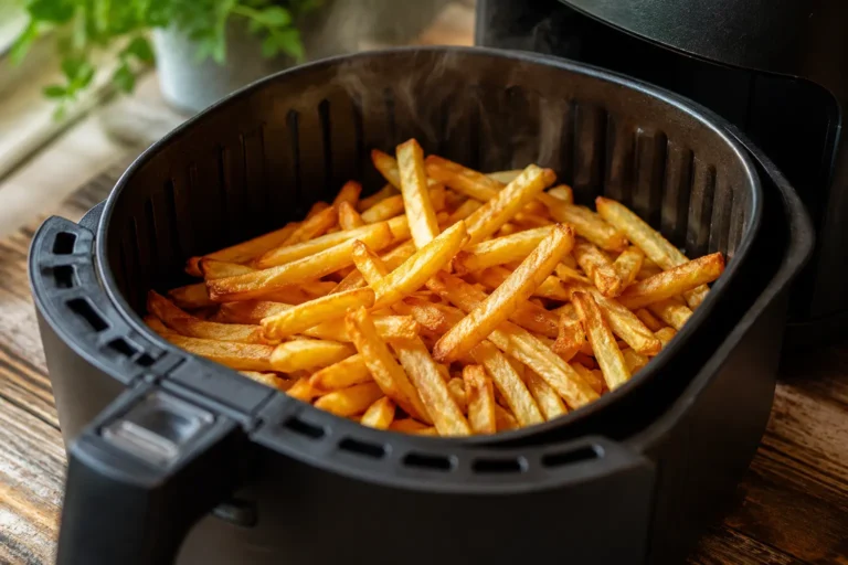Heißluftfritteuse Pommes Rezept - 5 bewährte Methoden für perfekt knusprige Kartoffeln 6 Knusprige goldene Pommes aus der Heißluftfritteuse im schwarzen Frittierkorb