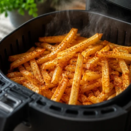 Heißluftfritteuse Pommes Rezept - 5 bewährte Methoden für perfekt knusprige Kartoffeln 1 Knusprige Heißluftfritteuse Pommes mit Paprika im schwarzen Frittierkorb