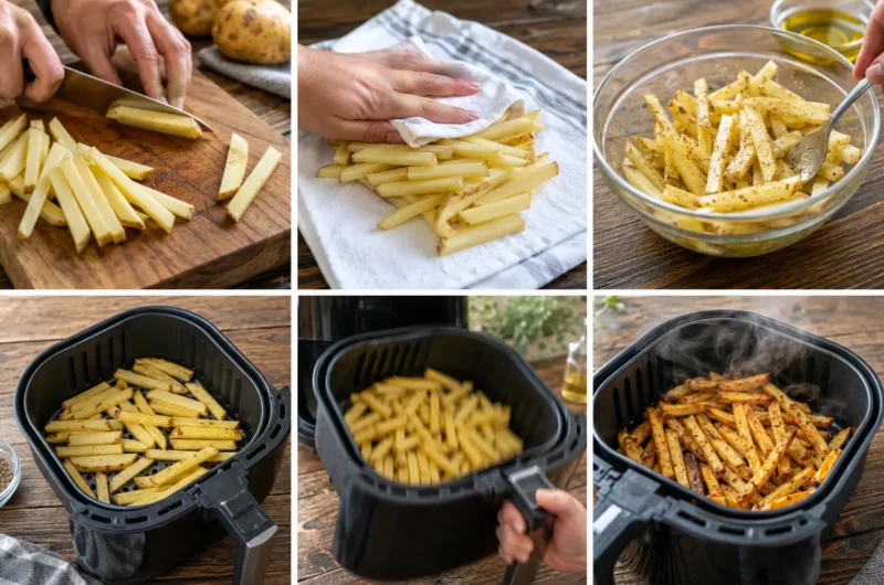 Heißluftfritteuse Pommes Rezept - 5 bewährte Methoden für perfekt knusprige Kartoffeln 2 Schritt-für-Schritt Anleitung für Heißluftfritteuse Pommes Rezept – Kartoffeln schneiden, trocken tupfen, würzen und im Air Fryer garen