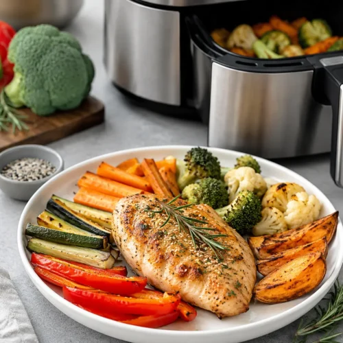 Air Fryer Rezepte Gesund: 5 Beste Rezepte zum Abnehmen + Anfänger Guide 1 Gesundes Air Fryer Rezept: Hähnchen mit Gemüse-Mix aus dem Airfryer - Brokkoli, Blumenkohl, Zucchini, Karotten und Süßkartoffel-Wedges