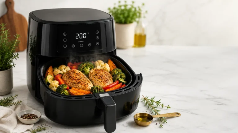 Air Fryer Rezepte Gesund: 5 Beste Rezepte zum Abnehmen + Anfänger Guide 1 Air fryer rezepte gesund: Hähnchen mit buntem Gemüse-Mix in der Heißluftfritteuse, perfekt zum Abnehmen