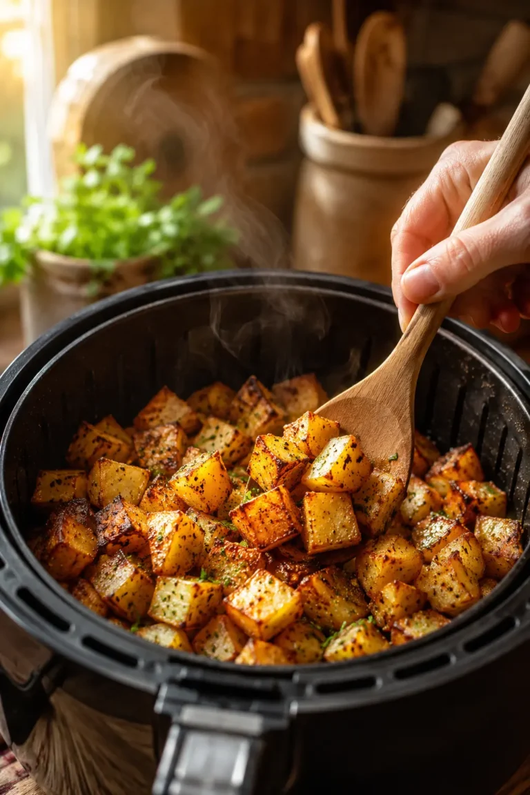Bratkartoffeln Rezept Airfryer: Das komplette Guide mit 7 Profi-Tipps für knusprige Kartoffeln 10 Nahaufnahme von knusprigen goldbraunen Bratkartoffeln im Airfryer-Korb mit aufsteigendem Dampf, garniert mit Petersilie