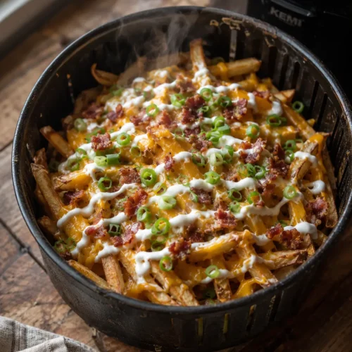 Loaded Fries aus dem Airfryer – Das Ultimative Rezept 1 Loaded Fries aus dem Airfryer mit geschmolzenem Cheddar, Bacon und Sour Cream