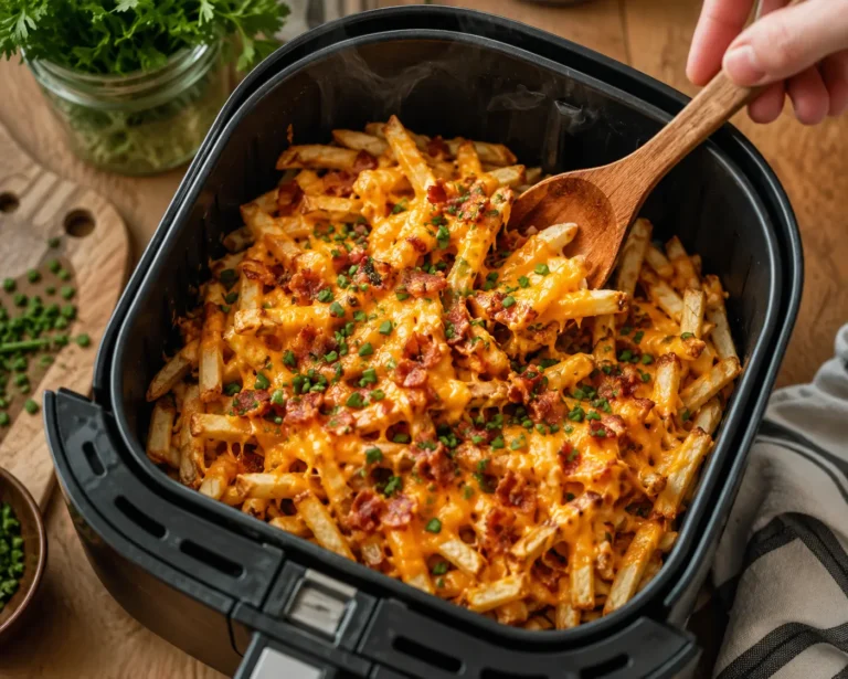 Loaded Fries aus dem Airfryer – Das Ultimative Rezept 9 Top-down close-up of crispy golden air fryer French fries loaded with melted cheddar cheese, crispy bacon bits, and fresh chopped chives in a black air fryer basket. A hand scoops the hot fries with a wooden spoon while steam rises in a cozy kitchen setting.