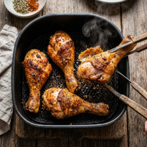 Hähnchenkeulen im Airfryer: So werden sie knusprig & saftig (Rezept) 1 Knusprige Hähnchenkeulen im Airfryer frisch zubereitet im Airfryer-Korb
