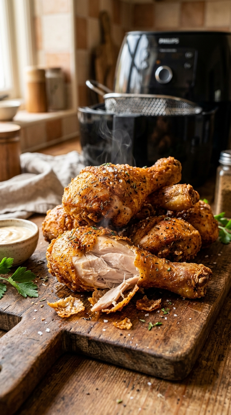 Hähnchenkeulen im Airfryer: So werden sie knusprig & saftig (Rezept) 7 Hähnchenkeulen im Airfryer: knusprig gebraten und saftig im Anschnitt