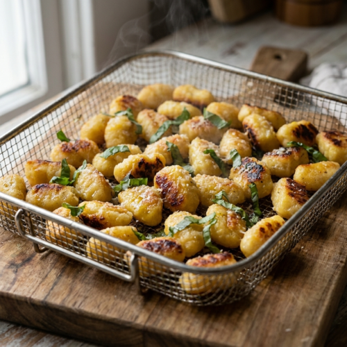 Gnocchi Airfryer: Das ultimative Rezept für knusprige Gnocchi aus der Heißluftfritteuse 1 Knusprige Gnocchi aus dem Airfryer mit Parmesan und frischem Basilikum bestreut
