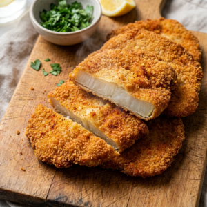 Kohlrabi Schnitzel aus dem Airfryer: Knusprig ohne Frittieren 1 Kohlrabi Schnitzel aus dem Airfryer, knusprig paniert und goldbraun, aufgeschnitten mit Blick auf das zarte Innere