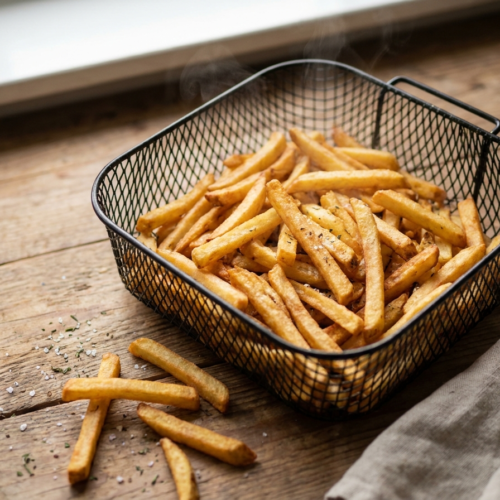Heißluftfritteuse Rezepte Deutsch: Die besten Ideen für deine Küche 1 Knusprige Pommes frisch aus der Heißluftfritteuse im schwarzen Korb