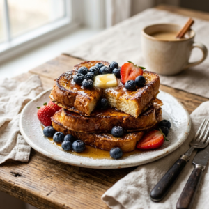 French Toast Rezepte aus dem Airfryer: Das knusprigste Frühstück, das du je gemacht hast 1 Realistic close-up food photo of crispy air-fryer French toast stack, maple syrup drizzle, fresh berries, powdered sugar, melting butter, natural morning light, rustic wooden table, shallow depth of field, magazine-style food photography