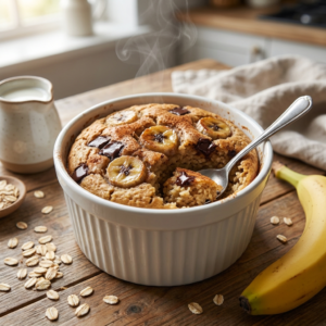 Baked Oats aus dem Air Fryer: Das geniale Rezept in 20 Minuten 1 Baked Oats aus dem Air Fryer in einer weißen Auflaufform mit Bananenscheiben, Schokostückchen und Zimt bestreut