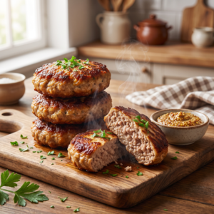Frikadellen Rezepte: So gelingen dir die saftigsten Frikadellen aus der Air Fryer 1 Stack of golden-brown German Frikadellen meatball patties on a rustic wooden cutting board, one patty cut in half revealing a juicy, steaming interior, garnished with parsley and served with a side of mustard.
