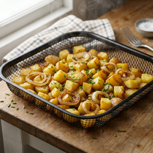 Bratkartoffeln Rezept Airfryer: 7 Geniale Profi-Tricks für Unwiderstehlich Knusprige Kartoffeln 1 Knusprige Bratkartoffeln im Airfryer-Korb, goldbraun gebraten mit Zwiebeln und Schnittlauch