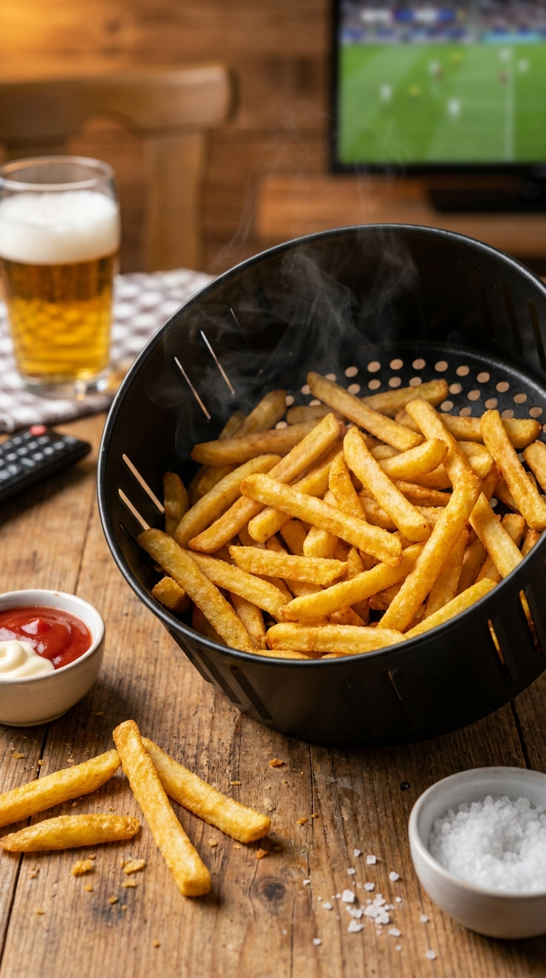 Pommes im Airfryer: So werden TK-Pommes garantiert knusprig | Rezept 7 Knusprige Pommes im Airfryer frisch aus dem Korb mit Ketchup und Mayo