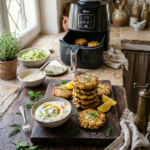 Zucchini Rezepte Airfryer griechische Zucchini-Puffer mit Feta, Dill und Tzatziki knusprig aus der Heißluftfritteuse