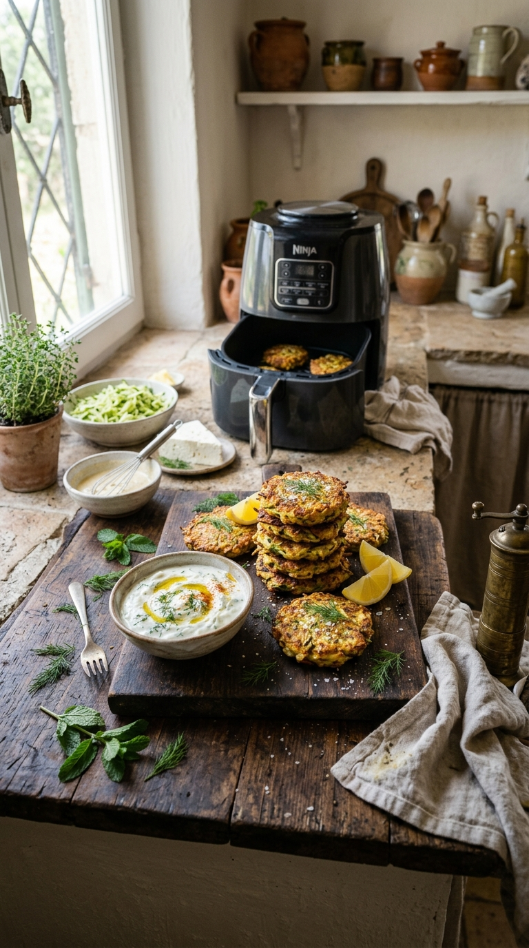 Zucchini Rezepte Airfryer: Griechische Zucchini-Puffer, die wirklich knusprig werden 6 Zucchini Rezepte Airfryer griechische Zucchini-Puffer mit Feta, Dill und Tzatziki knusprig aus der Heißluftfritteuse
