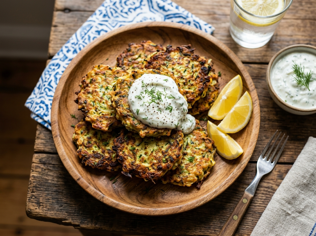 Zucchini Rezepte Airfryer: Griechische Zucchini-Puffer, die wirklich knusprig werden 1 Greek zucchini fritters on plate 202607261241