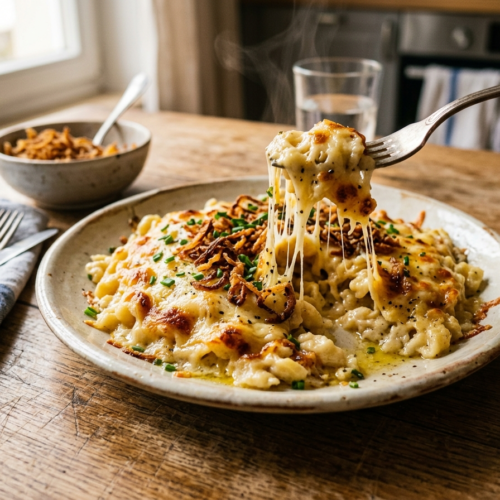Käsespätzle Rezept: So gelingt das cremigste Käsespätzle Rezept aus dem Airfryer 2 Käsespätzle Rezept aus dem Airfryer mit cremigem Käse und knusprigen Röstzwiebeln auf einem rustikalen Holztisch