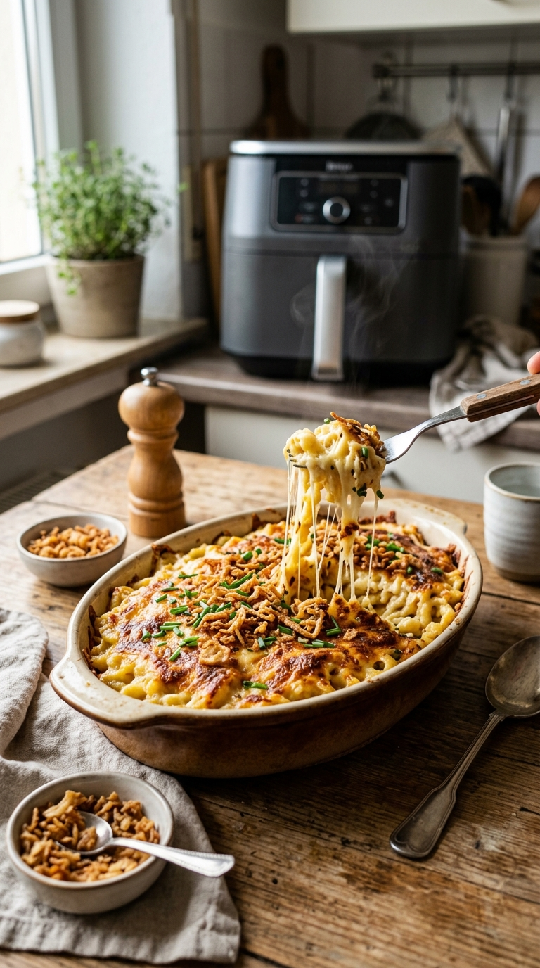 Käsespätzle Rezept: So gelingt das cremigste Käsespätzle Rezept aus dem Airfryer 10 Käsespätzle Rezept mit cremigem Käse, knusprigen Röstzwiebeln und Airfryer im Hintergrund