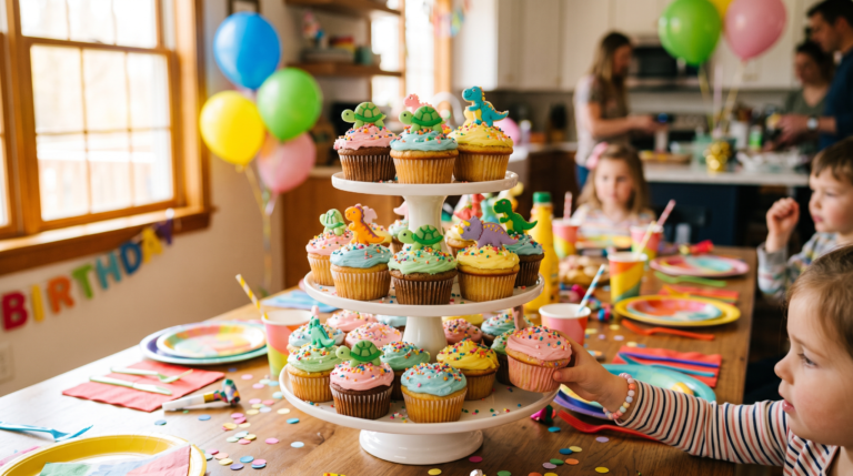 Muffins Kindergeburtstag: 7 geniale Airfryer-Ideen, die Kinder lieben werden 4 Muffins Kindergeburtstag Party Tisch mit bunter Deko und Kind