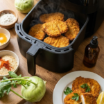Kohlrabi Schnitzel aus dem Airfryer mit Zutaten und Airfryer-Korb, knusprig goldbraun und aufgeschnitten