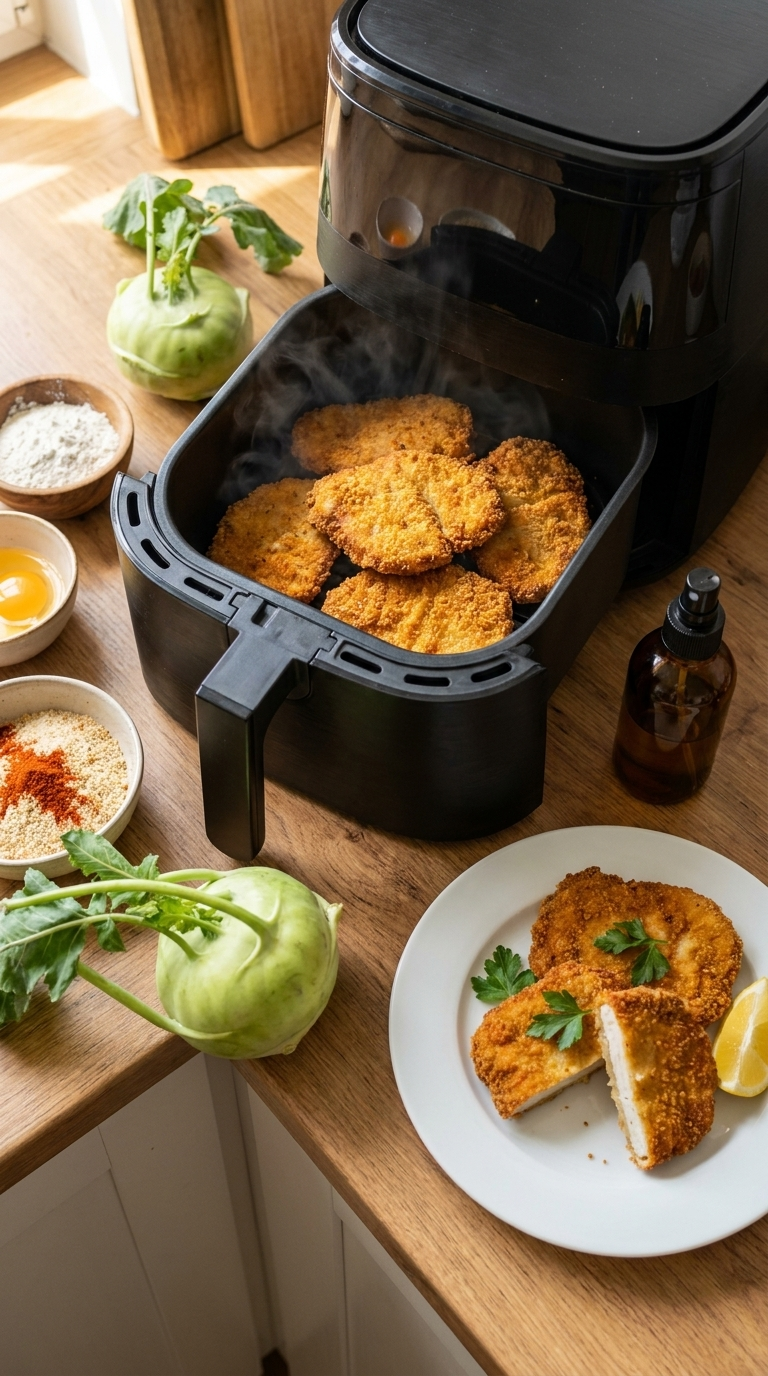 Kohlrabi Schnitzel aus dem Airfryer: Knusprig ohne Frittieren 7 Kohlrabi Schnitzel aus dem Airfryer mit Zutaten und Airfryer-Korb, knusprig goldbraun und aufgeschnitten