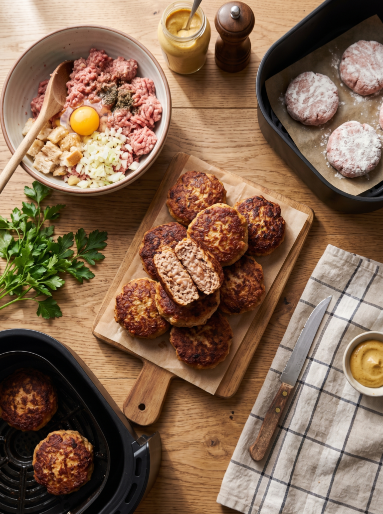 Frikadellen Rezepte: So gelingen dir die saftigsten Frikadellen aus der Air Fryer 3 Frikadellen Rezept aus der Air Fryer – knusprige Frikadellen auf einem Holzbrett serviert