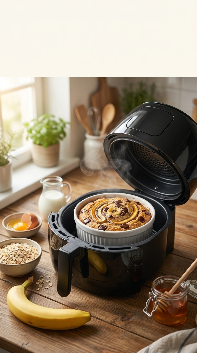 Baked Oats aus dem Air Fryer: Das geniale Rezept in 20 Minuten 7 Baked Oats aus dem Air Fryer mit Banane, Schokolade und frischen Zutaten wie Hafer, Ei und Milch auf einem Holztisch