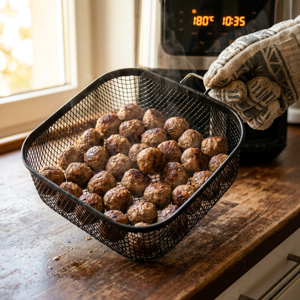 Hackbällchen Airfryer: Das ultimative Rezept für 12 Minuten perfekte Frikadellen 1 Meatballs in air fryer basket 202607300941
