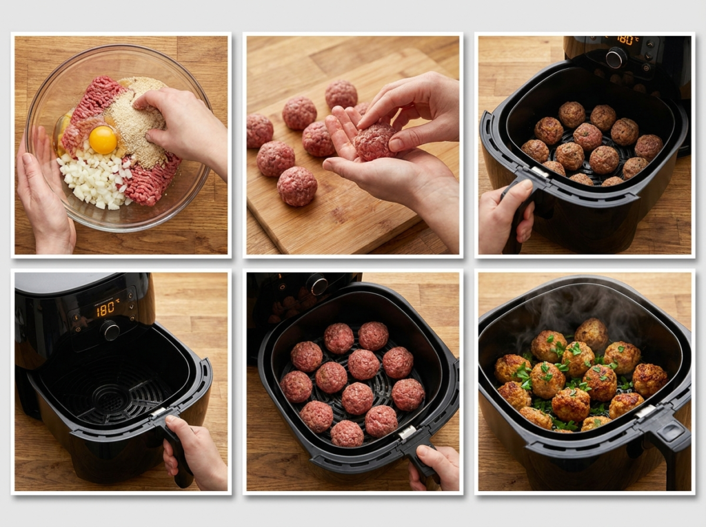 Hackbällchen Airfryer: Das ultimative Rezept für 12 Minuten perfekte Frikadellen 3 Meatballs recipe collage 202607300911