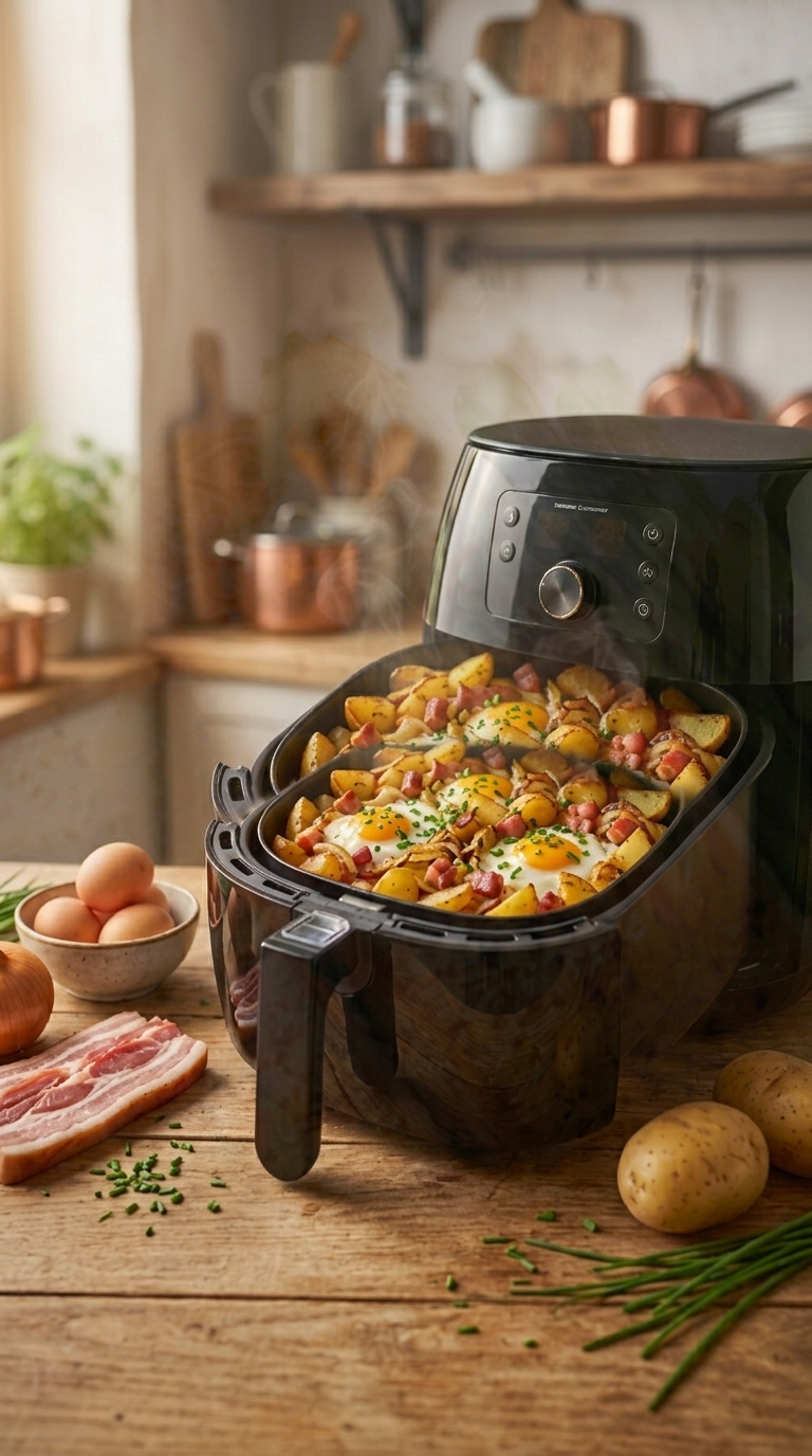 Bauernfrühstück Rezept: Das geniale Air Fryer Rezept in 20 Minuten 6 Bauernfrühstück Rezept aus dem Air Fryer mit Kartoffeln, Speck, Ei und Zwiebeln