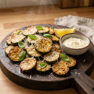 Zucchini Rezepte aus dem Airfryer: Die besten schnellen, knusprigen Ideen 1 Knusprige Zucchini aus dem Airfryer auf einem Holzbrett, bestreut mit Parmesan und serviert mit Knoblauch-Dip