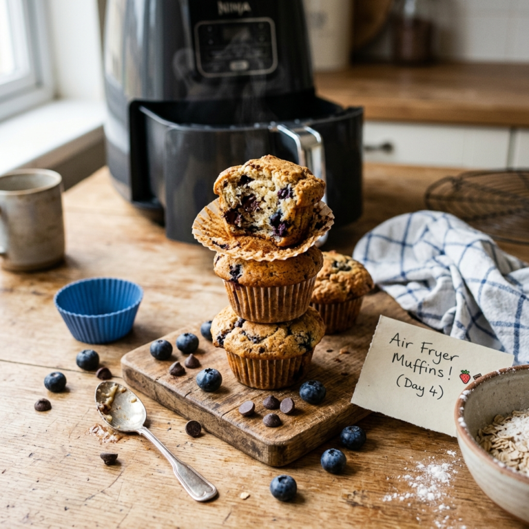 Muffins Rezept aus der Heißluftfritteuse – Fluffig, Saftig, Perfekt 9 Muffins Rezept aus dem Air Fryer – gestapelte fluffige Muffins mit saftiger, dampfender Krume