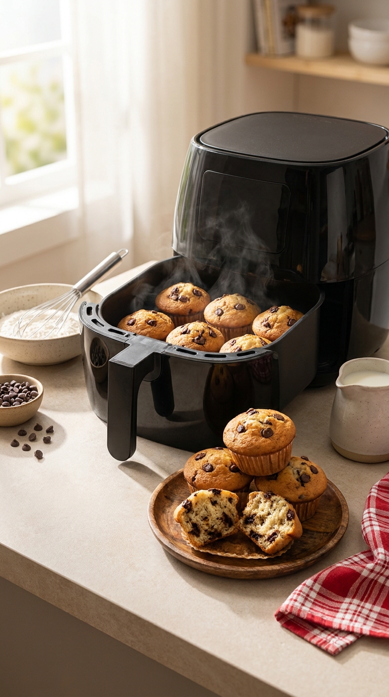 Muffins Airfryer: So gelingen dir saftige Muffins im Airfryer garantiert 3 Muffins Airfryer – frisch gebackene, saftige Muffins aus dem Airfryer mit aufgeschnittenem Muffin und Zutaten im Hintergrund