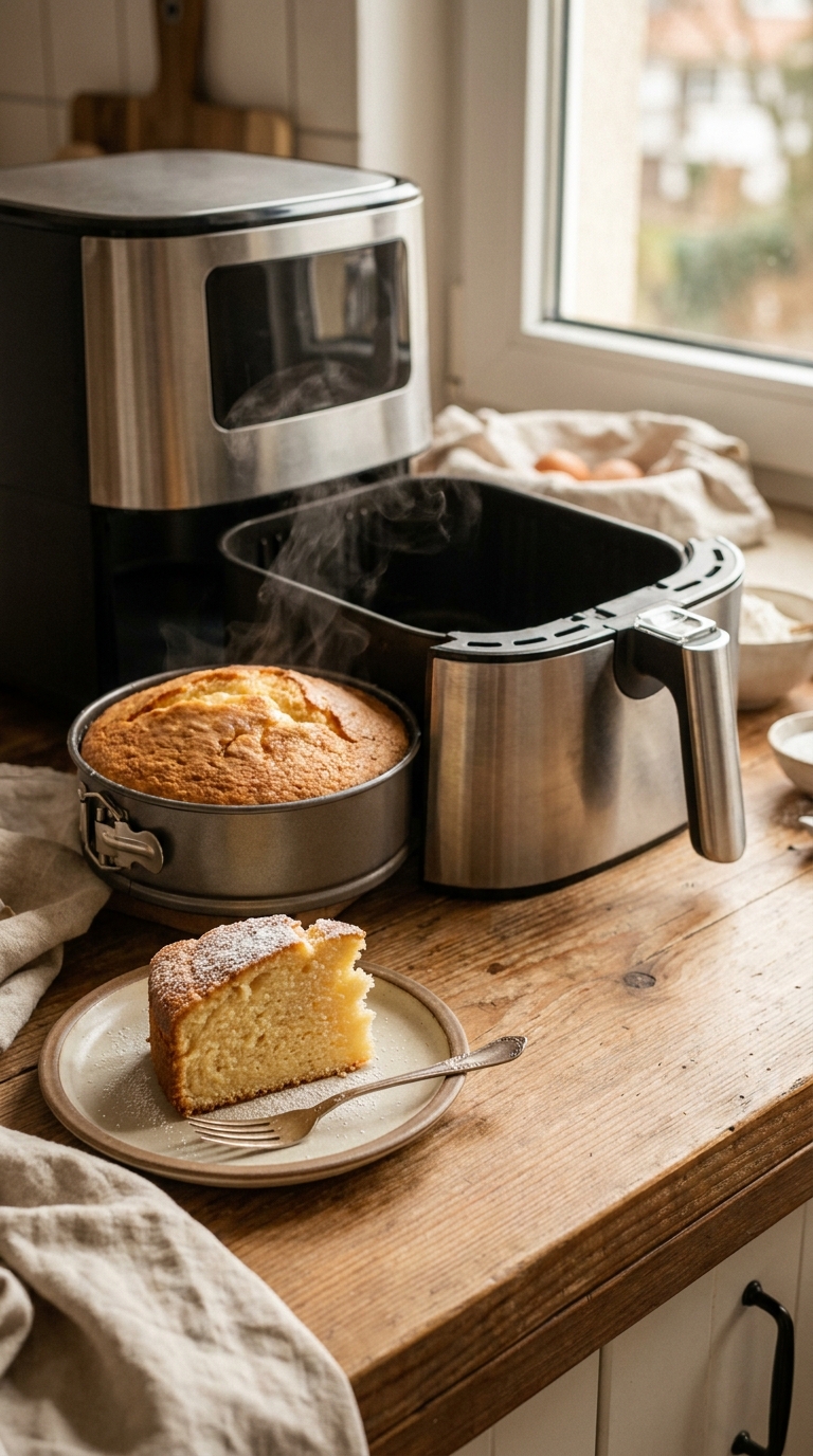 Airfryer Kuchen: Der ultimative Guide zum Backen in der Heißluftfritteuse 3 Airfryer Kuchen Rezept: Saftiger Kuchen aus dem Airfryer mit Puderzucker bestäubt