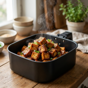 Tofu Air Fryer: Das ultimative Rezept für knusprigen Tofu aus dem Air Fryer 1 Knuspriger Tofu Air Fryer mit Sesam und Frühlingszwiebeln im Air Fryer Korb