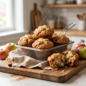 Apfelmuffins Airfryer: Das beste Rezept für saftige Apfelmuffins aus der Heißluftfritteuse 2 Apfelmuffins Airfryer frisch aus der Heißluftfritteuse – saftige Apfelmuffins mit Zimt auf Holzbrett