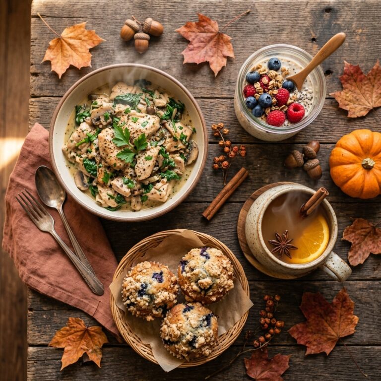 Fall Recipes: Die besten Herbstrezepte für Frühstück, Mittag- und Abendessen 1 Fall Recipes: cozy autumn breakfast and dinner spread with chicken, oats, and muffins