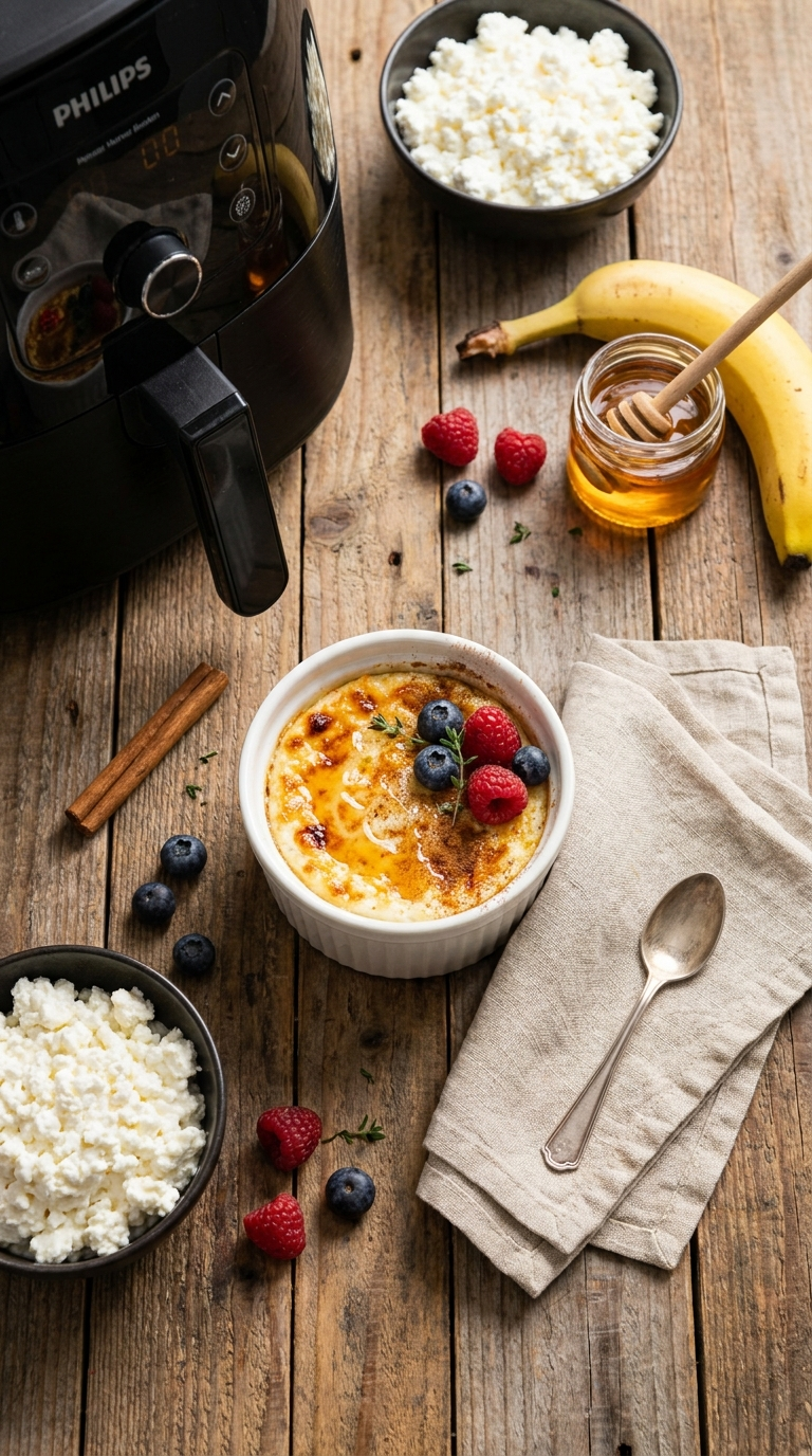 Hüttenkäse im Airfryer: Das gesunde Frühstücks-Rezept, das jeder Hobbykoch kennen sollte 3 Hüttenkäse-Airfryer-Rezept: gebackenes Frühstück mit Banane, Honig und Beeren neben Airfryer