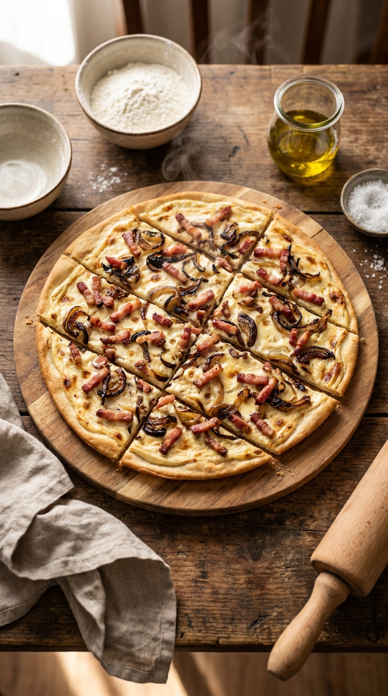 Flammkuchenteig Rezept – Das beste original Flammkuchenteig Rezept für knusprigen Flammkuchen 4 Flammkuchenteig Rezept – original elsässischer Flammkuchen mit knusprigem Teig, Schmand, Zwiebeln und Speck