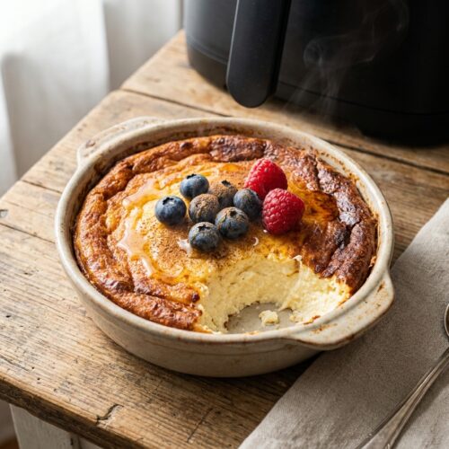 Hüttenkäse im Airfryer: Das gesunde Frühstücks-Rezept, das jeder Hobbykoch kennen sollte 2 Hüttenkäse im Airfryer gebacken mit Banane, Zimt, Honig und frischen Beeren in kleiner Auflaufform
